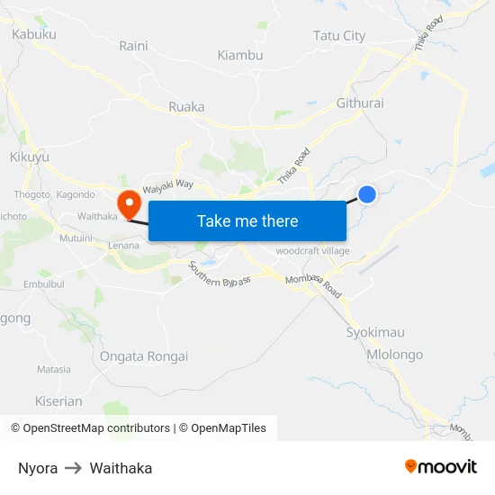 Nyora to Waithaka map