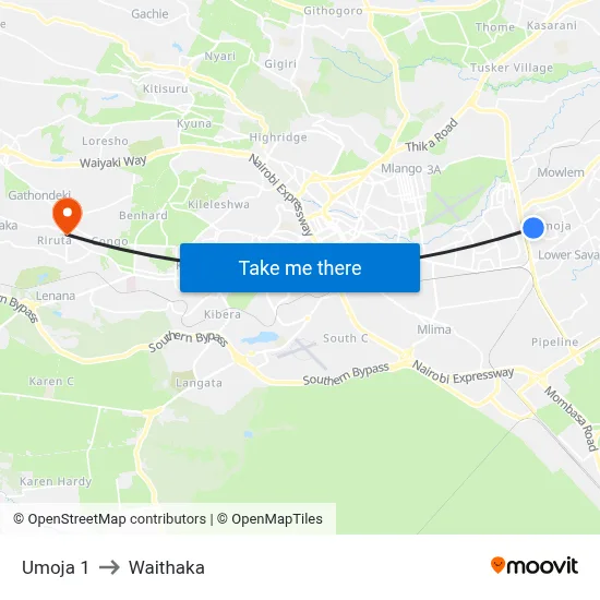 Umoja 1 to Waithaka map