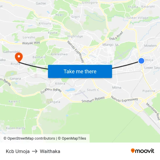 Kcb Umoja to Waithaka map