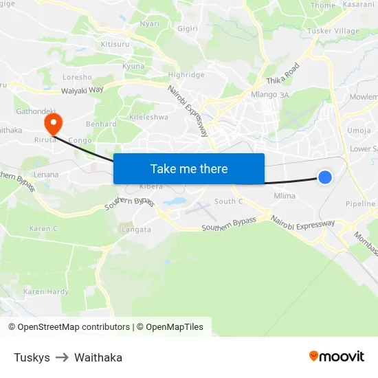 Tuskys to Waithaka map