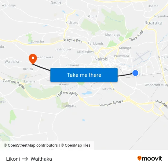 Likoni to Waithaka map