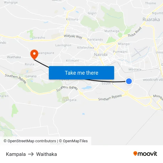 Kampala to Waithaka map