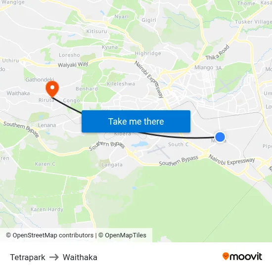 Tetrapark to Waithaka map