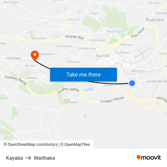 Kayaba to Waithaka map