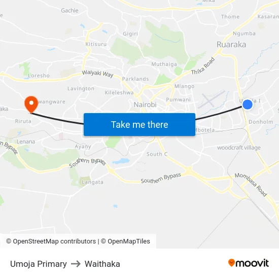 Umoja Primary to Waithaka map