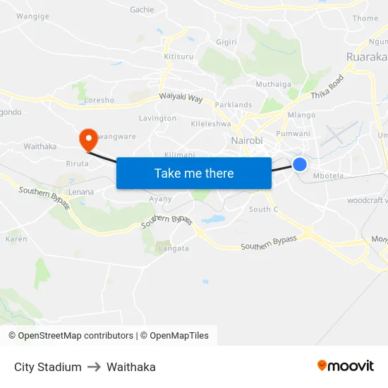 City Stadium to Waithaka map