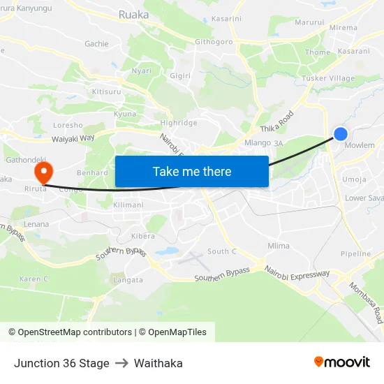 Junction 36 Stage to Waithaka map