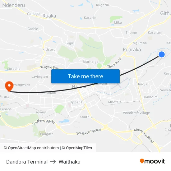 Dandora Terminal to Waithaka map