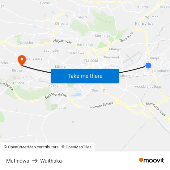 Mutindwa to Waithaka map