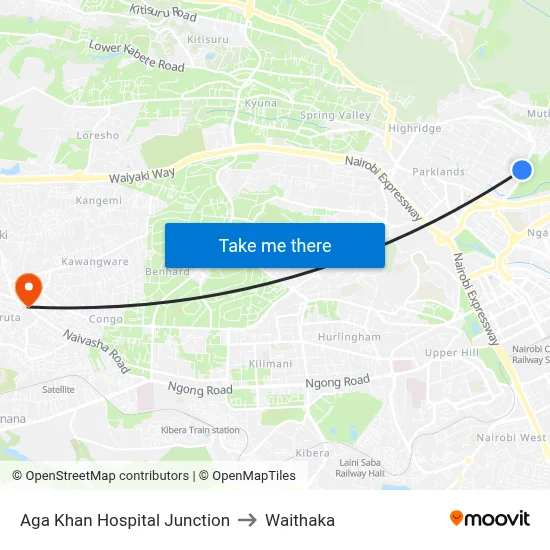 Aga Khan Hospital Junction to Waithaka map