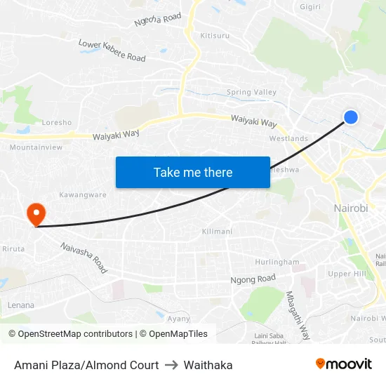 Amani Plaza/Almond Court to Waithaka map