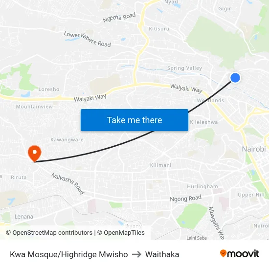 Kwa Mosque/Highridge Mwisho to Waithaka map