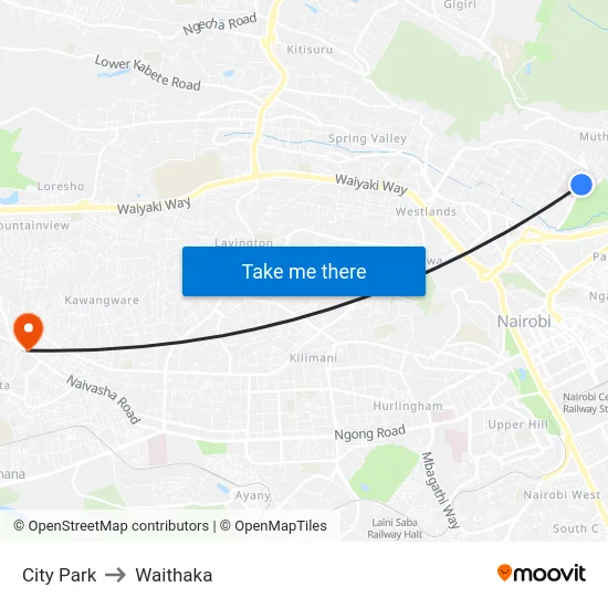 City Park to Waithaka map