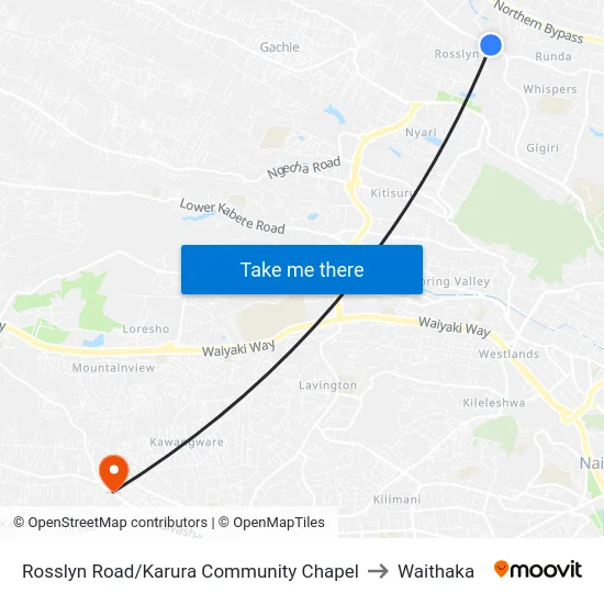 Rosslyn Road/Karura Community Chapel to Waithaka map
