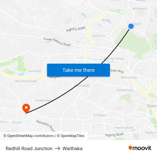 Redhill Road Junction to Waithaka map