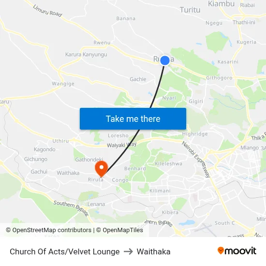Church Of Acts/Velvet Lounge to Waithaka map
