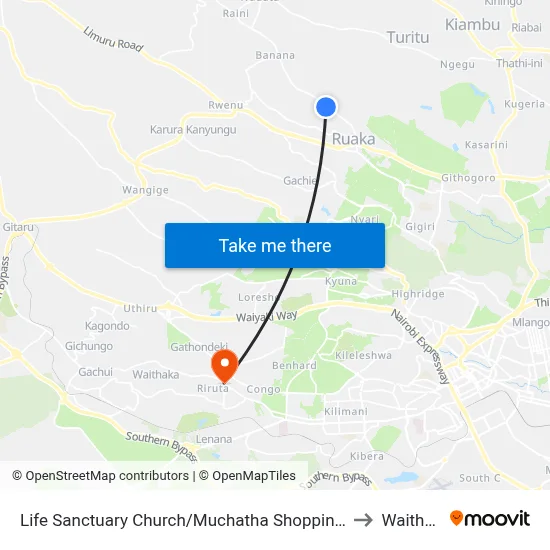 Life Sanctuary Church/Muchatha Shopping Centre to Waithaka map