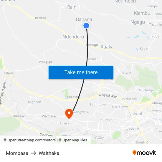 Mombasa to Waithaka map