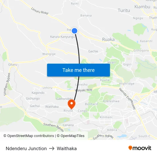 Ndenderu Junction to Waithaka map