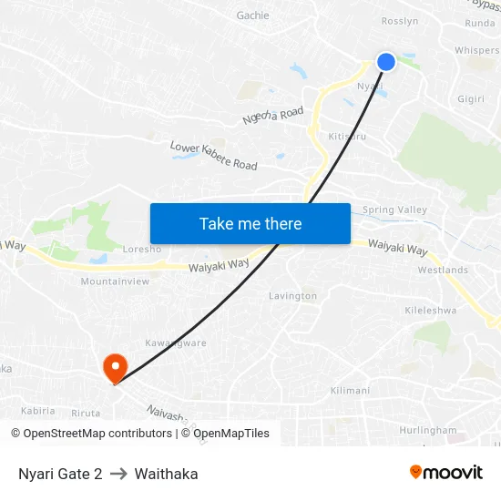 Nyari Gate 2 to Waithaka map