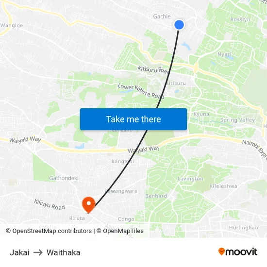 Jakai to Waithaka map