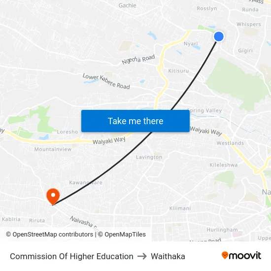Commission Of Higher Education to Waithaka map
