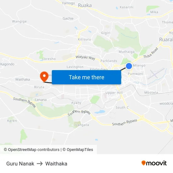 Guru Nanak to Waithaka map