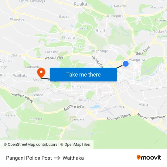 Pangani Police Post to Waithaka map
