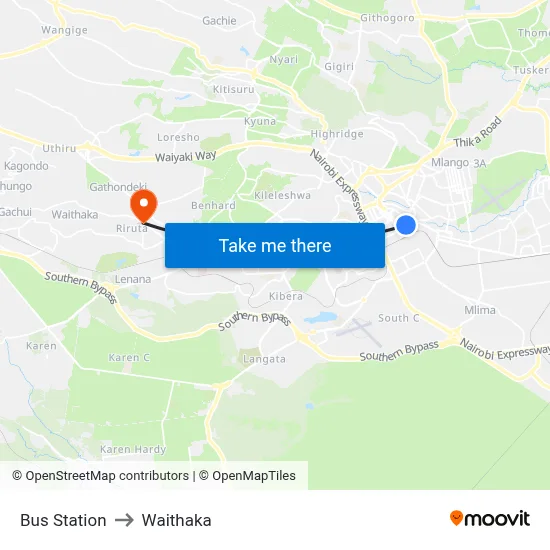 Bus Station to Waithaka map