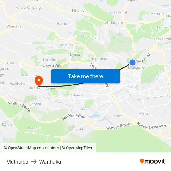 Muthaiga to Waithaka map