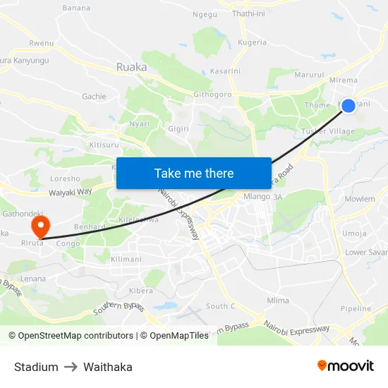 Stadium to Waithaka map