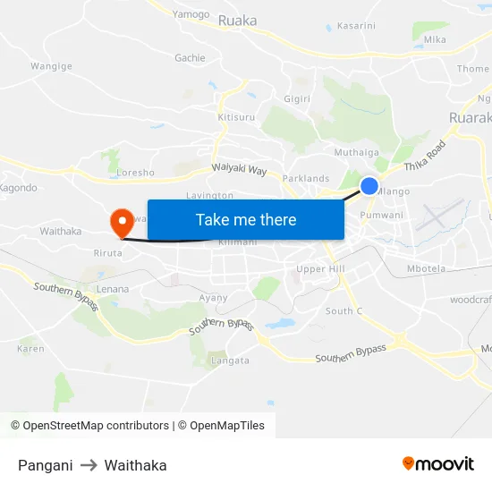 Pangani to Waithaka map