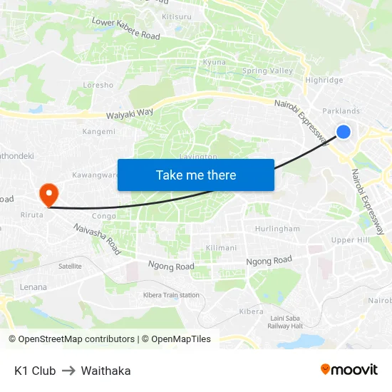 K1 Club to Waithaka map
