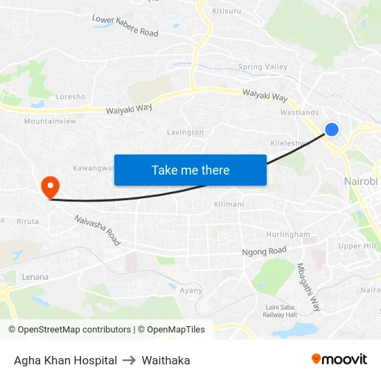 Agha Khan Hospital to Waithaka map