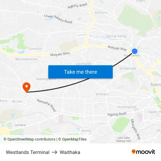 Westlands Terminal to Waithaka map