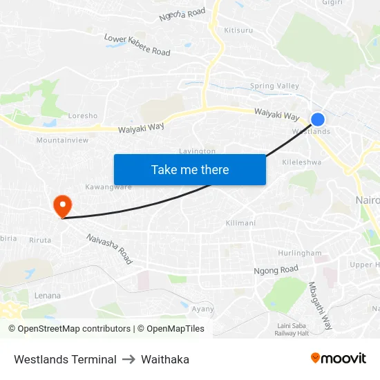 Westlands Terminal to Waithaka map