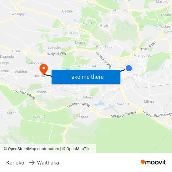 Kariokor to Waithaka map