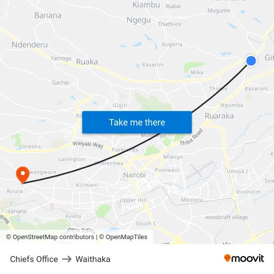 Chiefs Office to Waithaka map