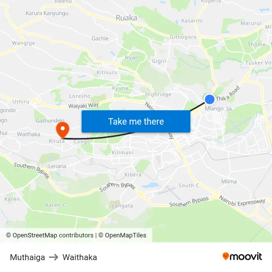 Muthaiga to Waithaka map