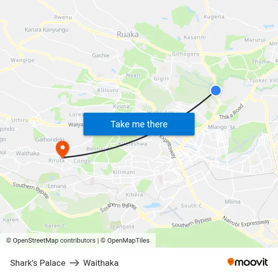 Shark's Palace to Waithaka map