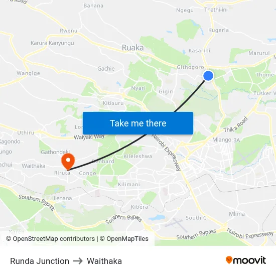 Runda Junction to Waithaka map