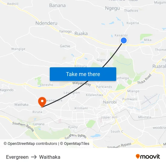 Evergreen to Waithaka map