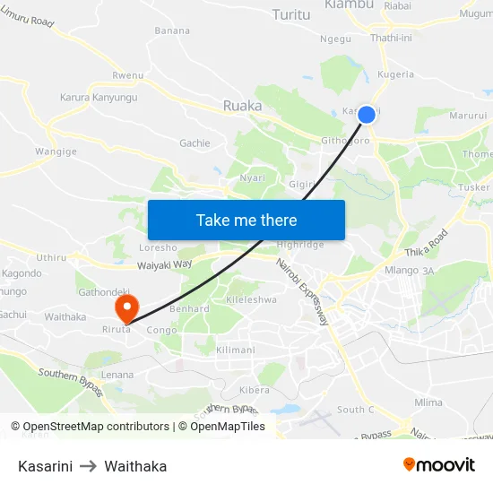 Kasarini to Waithaka map