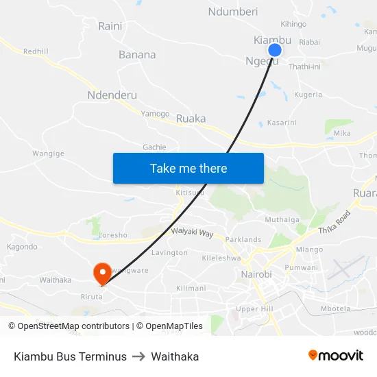 Kiambu Bus Terminus to Waithaka map