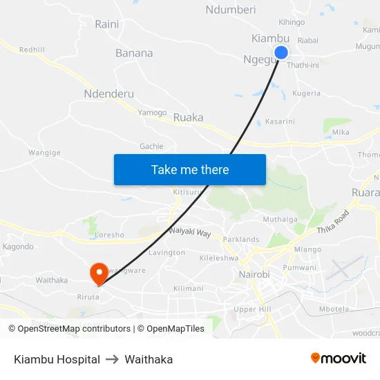 Kiambu Hospital to Waithaka map