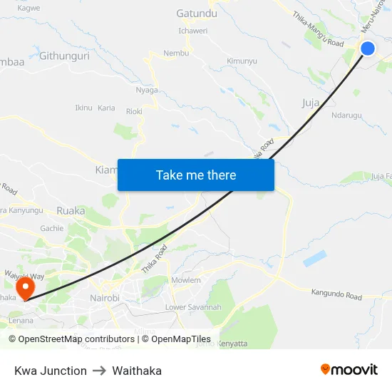 Kwa Junction to Waithaka map