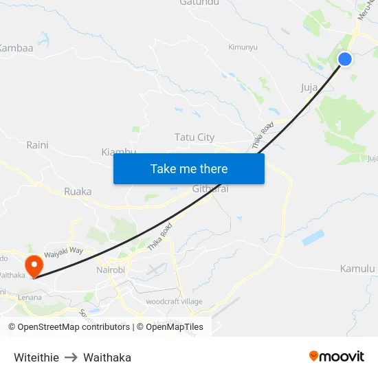 Witeithie to Waithaka map