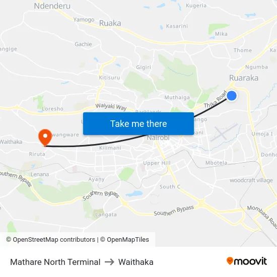 Mathare North Terminal to Waithaka map