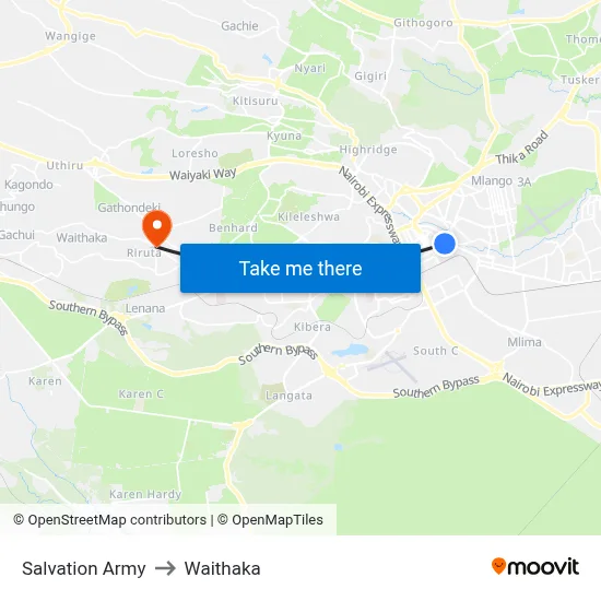 Salvation Army to Waithaka map