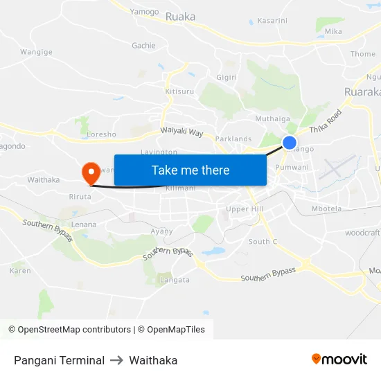 Pangani Terminal to Waithaka map
